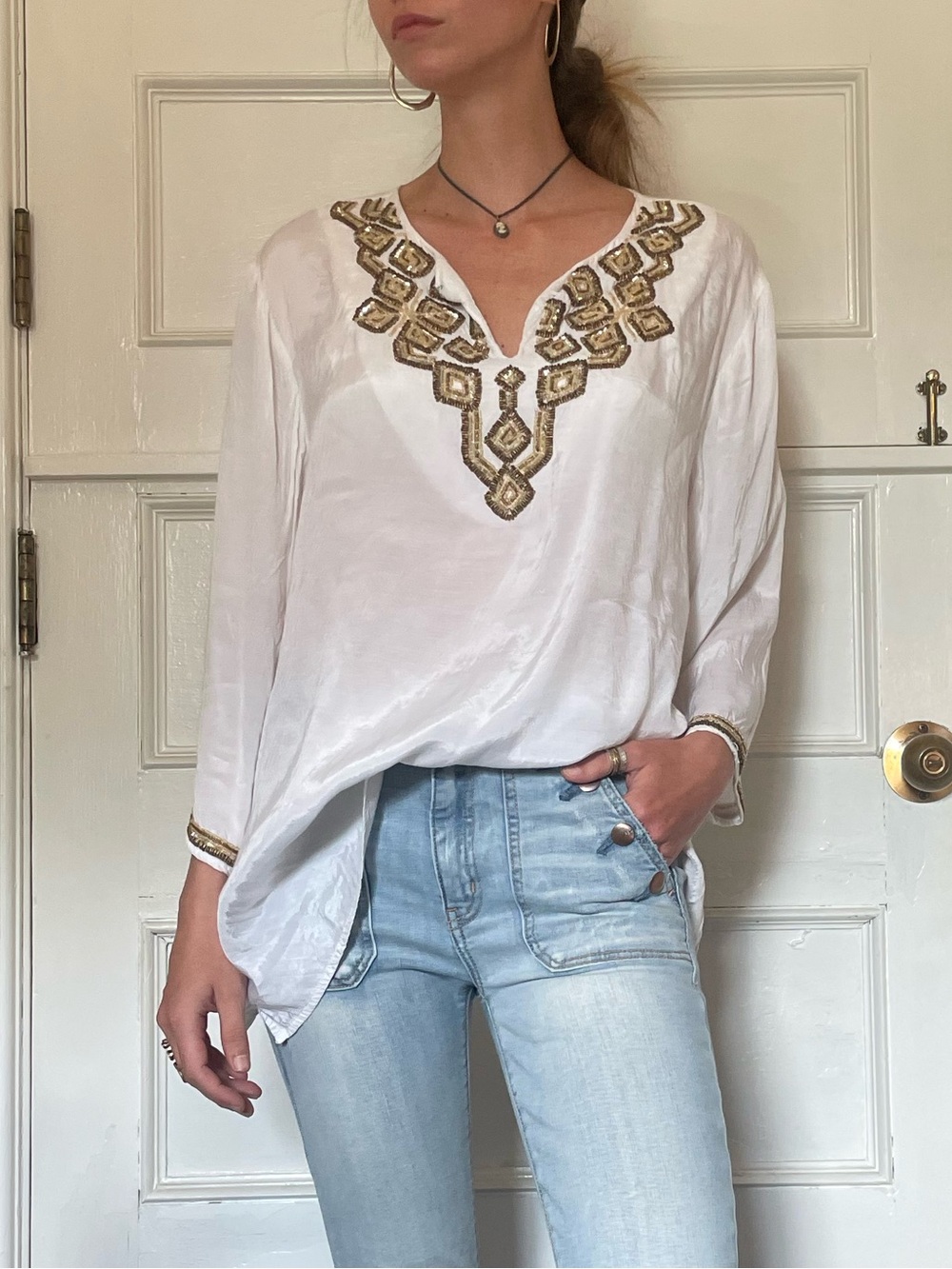 Chico's Gold Embroidered V-Neck Tunic